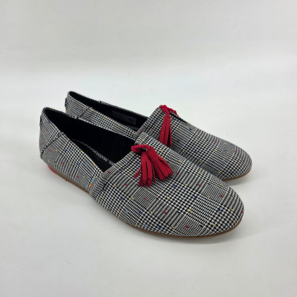 TOMS‎ Jutti Flat Loafer Black White Glen Plaid Red Tassel Womens 7.5W